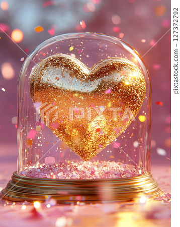 A glittering golden heart encased in a glass dome, surrounded by cascading pink confetti and shimmering glitter on a soft pink background. 127372792