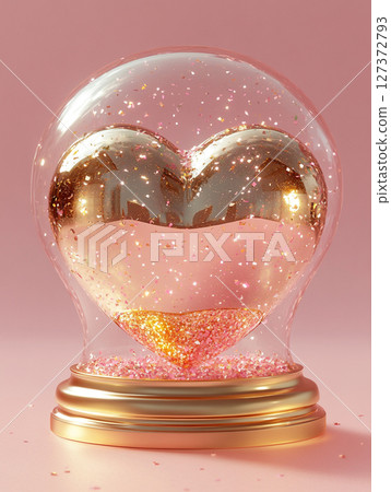 A glittering golden heart encased in a glass dome, surrounded by cascading pink confetti and shimmering glitter on a soft pink background. 127372793