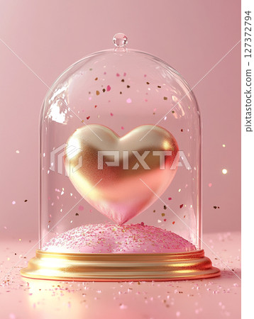 A glittering golden heart encased in a glass dome, surrounded by cascading pink confetti and shimmering glitter on a soft pink background. 127372794