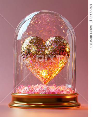 A glittering golden heart encased in a glass dome, surrounded by cascading pink confetti and shimmering glitter on a soft pink background. 127372805