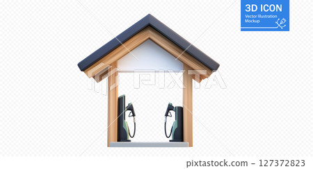 Gas station shelter design with dual fuel pumps during daytime 127372823