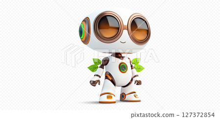 Cute robot character with friendly expression and green leaves on its body stands in a bright and playful design Cute robot character with friendly expression and green leaves on its body stands in a bright and playful design 127372854