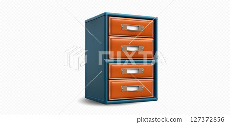 Colorful four-drawer cabinet with orange and blue design in a modern style for functional storage 127372856