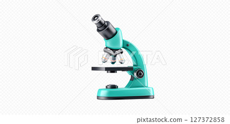 Unique turquoise microscope placed on a flat surface in a modern lab environment Unique turquoise microscope placed on a flat surface in a modern lab environment 127372858