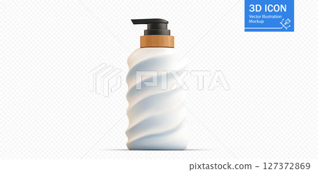 Unique white bottle design with a twist pattern and a black pump top against a neutral background 127372869