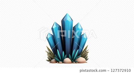 Blue crystal cluster surrounded by greenery and stones in a natural setting during daylight Blue crystal cluster surrounded by greenery and stones in a natural setting during daylight 127372910