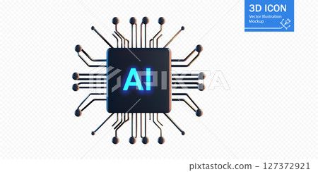3D illustration of an AI microchip with illuminated features and connections 127372921