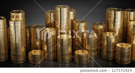 Golden coins isolated on black background - 3D illustration 127372924