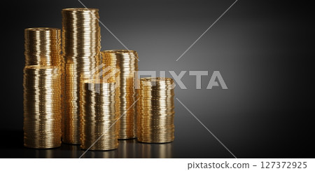 Golden coins isolated on black background - 3D illustration 127372925