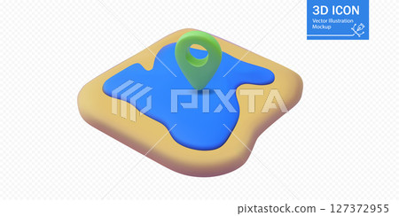 3D vector illustration of a map icon with water feature and location marker on a flat surface 127372955