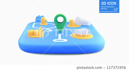 Modern 3D map illustration featuring location markers and geographical features in bright colors 127372956