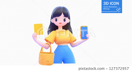 Vector illustration of a young woman holding a phone and a card while wearing a stylish outfit 127372957