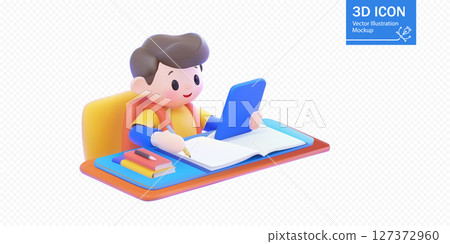Child studying at a desk with books and tablet in a creative workspace setting 127372960