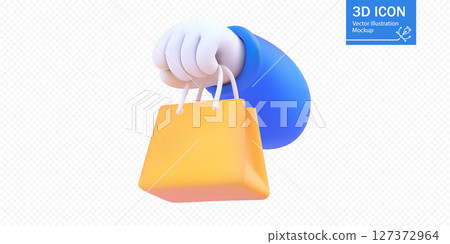 Hand holding a yellow shopping bag in a minimalist 3D illustration showcasing modern consumer culture Hand holding a yellow shopping bag in a minimalist 3D illustration showcasing modern consumer culture 127372964