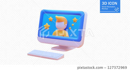 Colorful 3D computer mockup featuring a character and stars in a digital workspace Colorful 3D computer mockup featuring a character and stars in a digital workspace 127372969