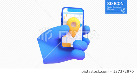 Hand holding mobile phone displaying map with location pin in colorful 3D design 127372970