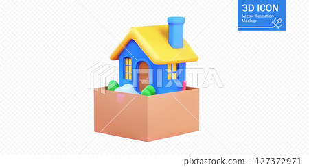Colorful 3D representation of a house with a yellow roof and garden in a cardboard box 127372971