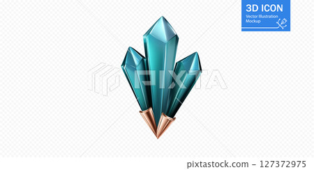 Stylized teal crystal cluster with golden accents on a light textured background ideal for design projects 127372975
