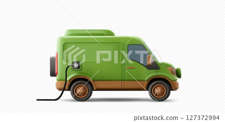 Electric green delivery van charging in a modern urban environment during the daytime 127372994
