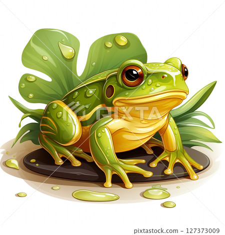 A vibrant cartoon illustration of a frog with large golden eyes, sitting on a wet, stylized leaf against a white background. 127373009
