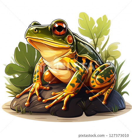 A vibrant cartoon illustration of a frog with large golden eyes, sitting on a wet, stylized leaf against a white background. 127373010