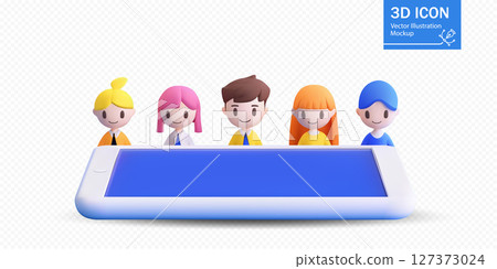 Colorful 3D vector illustration featuring five unique characters standing behind a large smartphone. Ideal for concepts related to teamwork, communication, and digital interaction 127373024
