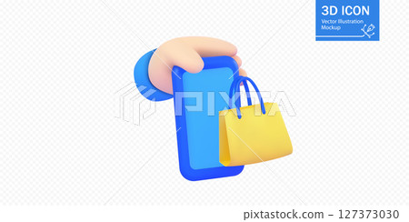 Colorful 3D vector illustration showing a hand holding a smartphone and a yellow shopping bag, symbolizing online shopping and e-commerce concepts 127373030