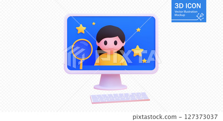 A 3D vector illustration of a computer monitor displaying a user avatar, stars, and a magnifying glass symbolizing online search and profile exploration. Perfect for digital identity and internet A 3D vector illustration of a computer monitor displaying a user avatar, stars, and a magnifying glass symbolizing online search and profile exploration. Perfect for digital identity and internet 127373037