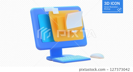 Creative 3D vector illustration showcasing a computer monitor with vibrant folder icons and sticky notes. Ideal for digital file management, organization, and workflow concepts. 127373042