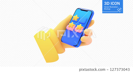 Bright 3D vector illustration of a hand holding a smartphone with vibrant app icons featuring stars. Perfect for concepts related to technology, apps, reviews, and digital interaction. Bright 3D vector illustration of a hand holding a smartphone with vibrant app icons featuring stars. Perfect for concepts related to technology, apps, reviews, and digital interaction. 127373043