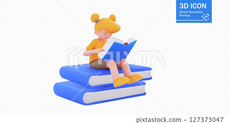 A vibrant 3D vector illustration of a girl enjoying reading a book while sitting on a stack of large blue books. Perfect for educational themes, literacy campaigns, or library promotions 127373047