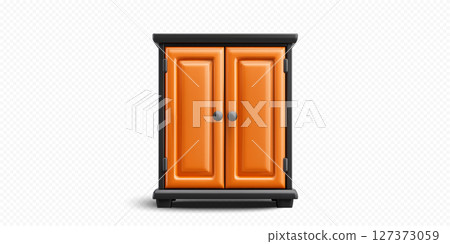 Bright orange cabinet with black accents perfect for home organization in any room or setting 127373059