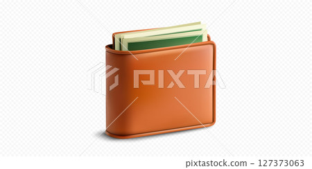 Elegant leather wallet showcasing folded cash and card slots on a neutral background in a minimalistic style Elegant leather wallet showcasing folded cash and card slots on a neutral background in a minimalistic style 127373063