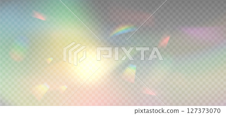 Glass prism light reflection background. Abstract diamond caustics, lens illumination effect and colorful crystal flare overlay . Glowing bright rays and colorful light effects. Vector 127373070