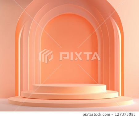minimal 3D render podiums in various peach and orange tones with arch elements. 127373085