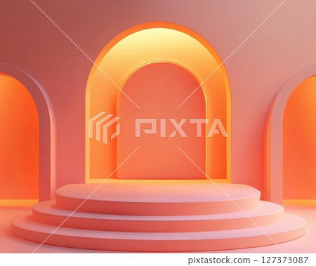 minimal 3D render podiums in various peach and orange tones with arch elements. 127373087