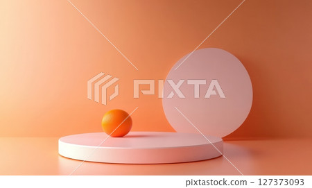 minimal 3D render podiums in various peach and orange tones with arch elements. 127373093