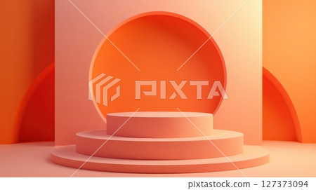 minimal 3D render podiums in various peach and orange tones with arch elements. 127373094