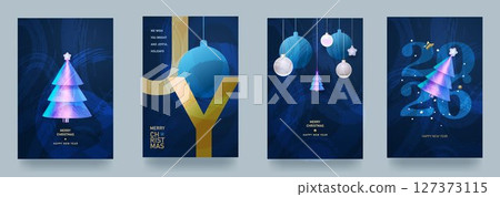 Set of Christmas and New Year cards. Vector illustration concepts for background, greeting card, party invitation card, banner, social media. Strokes, 3D shapes, gradients Set of Christmas and New Year cards. Vector illustration concepts for background, greeting card, party invitation card, banner, social media. Strokes, 3D shapes, gradients 127373115
