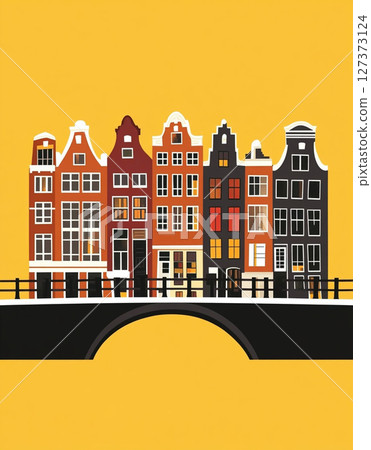 A charming illustration of colorful, traditional European canal houses standing on a bridge over water, set against a warm yellow background. 127373124