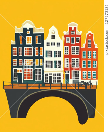 A charming illustration of colorful, traditional European canal houses standing on a bridge over water, set against a warm yellow background. A charming illustration of colorful, traditional European canal houses standing on a bridge over water, set against a warm yellow background. 127373125