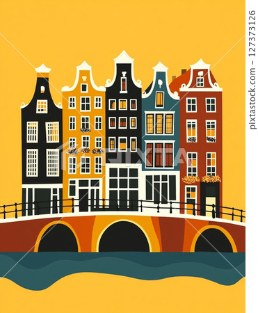 A charming illustration of colorful, traditional European canal houses standing on a bridge over water, set against a warm yellow background. A charming illustration of colorful, traditional European canal houses standing on a bridge over water, set against a warm yellow background. 127373126
