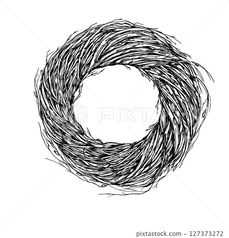 Monochrome vector wreath of dried birch branches in Scandinavian style. Natural rustic element for Nordic Christmas decor, holiday packaging, and rustic winter wedding invitation Monochrome vector wreath of dried birch branches in Scandinavian style. Natural rustic element for Nordic Christmas decor, holiday packaging, and rustic winter wedding invitation 127373272