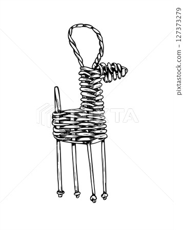 Wicker reindeer figurine black and white vector illustration. Scandinavian Yule traditions. Xmas deer, wooden animal graphic sketch for Nordic holiday decor, nature festive design 127373279