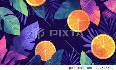 An illustration featuring colorful orange slices and exotic leaves arranged around a dark central space. 127373309