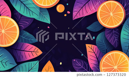 An illustration featuring colorful orange slices and exotic leaves arranged around a dark central space. 127373320