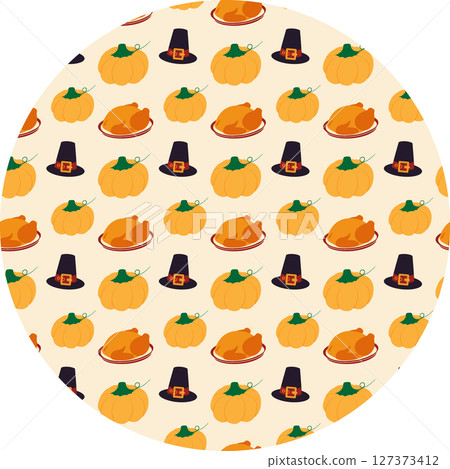 Hand drawn Fried Turkey on plate Orange Pumpkin and Pilgrim Hat Seamless Pattern on Circle Backdrop 127373412