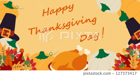 Hand drawn pumpkins Pilgrim hat Fried Turkey Autumn leaves and Happy Thanksgiving Day Text Banner Hand drawn pumpkins Pilgrim hat Fried Turkey Autumn leaves and Happy Thanksgiving Day Text Banner 127373417