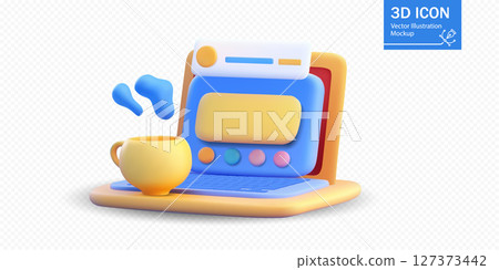A 3D vector illustration of a colorful laptop with a steaming coffee cup beside it. The vibrant design showcases a playful digital interface. Ideal for creative workspace, productivity, or tech A 3D vector illustration of a colorful laptop with a steaming coffee cup beside it. The vibrant design showcases a playful digital interface. Ideal for creative workspace, productivity, or tech 127373442