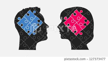 Head woman and man made puzzle pieces, brain, idea Head woman and man made puzzle pieces, brain, idea 127373477